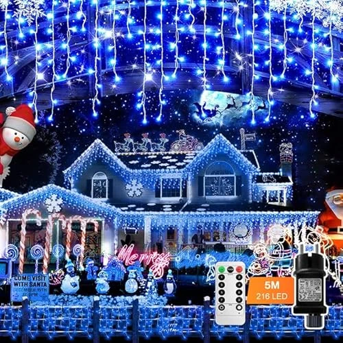 Auniq Sznur świetlny do kurtyn z pilotem zdalnego sterowania, 5M 216 LED Lampki choinkowe 8 trybów Wodoodporne zasłony okienne z z 36 kroplami i długim przewodem 5m Narodzenie Sznur lampek choinkowych