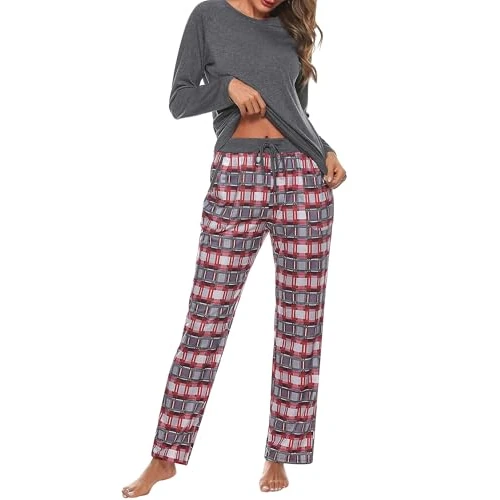 Uniexcosm Women's Pyjama Sets Cotton Checked Loungewear Set Long Sleeve Cotton Top and Pants Sleepwear for Ladies Dark Grey