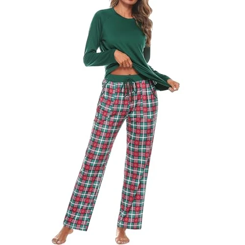 Begrenztes Angebot: Uniexcosm Schlafanzug Damen Baumwolle Pyjama Set Lang Zweiteiliger Nachtwäsche Raglanärmel Sleepwear und Karierte Pyjamahose Hausanzug Freizeitanzug von 22.09 EUR auf 22.09 EUR (Rabatt 0%)