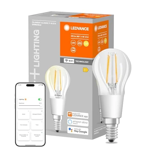 LEDVANCE Smart LED bulb with Wifi technology, E14 base, Dimmable, Warm white (2700K), Drop shape, Clear filament, Replacement for conventional 75W bulbs, Controllable with Alexa, Google & App, 1-pack. SMART WIFI P40D