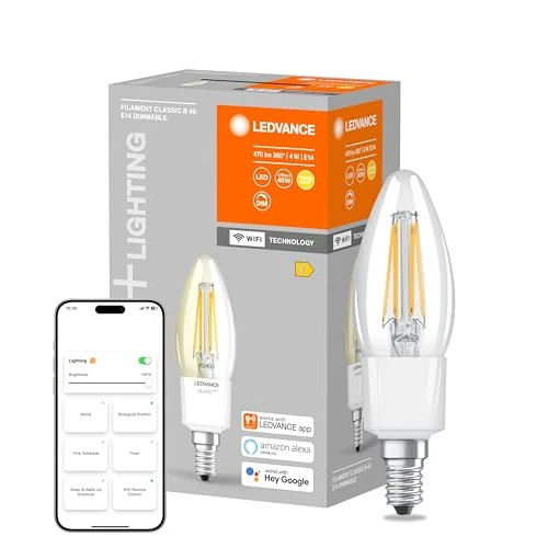 Limited offer: LEDVANCE Smart LED Bulb with WiFi Technology, E14, Dimmable, Warm White (2700K), Candle Shape, Clear Filament, Replacement for Conventional 40W Bulbs, Controllable with Alexa, Google & App, 1-Pack from 12.99 EUR to 9.80 EUR (save 25%)