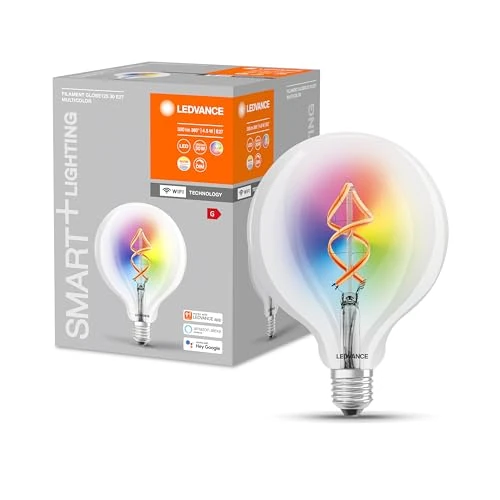 LEDVANCE Smart LED Lamp with Wifi Technology, E27, RGB Colour Changeable, Globe Shape, Coloured Filament as Mood Light, Replacement for Conventional 60W Bulbs, Controllable with Alexa, Google & App, Warm White, SMART WiFi G60D