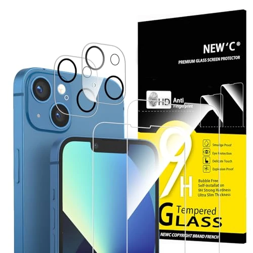 NEW'C Lot de 4, 2 x Verre Trempé pour iPhone 13 (6,1), et 2 x Protection Caméra Arrière - sans Bulles d'air -Ultra Résistant - Dureté 9H Glass