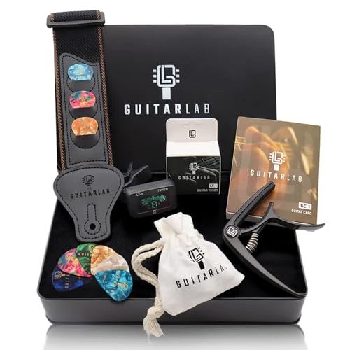 Offre limitée : Guitar Lab Accessoires Guitare Électrique – Sangle, Capodastre, Accordeur | Coffret métal + 9 médiators ; kit acoustique, basse & ukulélé ; idée cadeau guitariste, débutant ou confirmé de 34.99 € à 34.99 € (0.00% de remise)