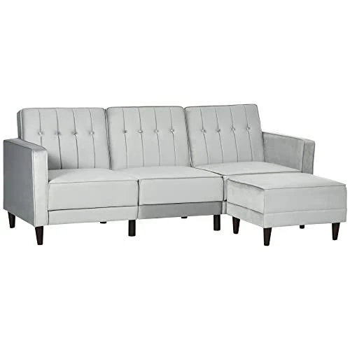 homcom Schlafsofa für 3-Sitzer, für Einzelbett, mit Fußstütze und Verstellbarer Rückenlehne, Samtbezug, 218 x 85 x 86 cm, Hellgrau