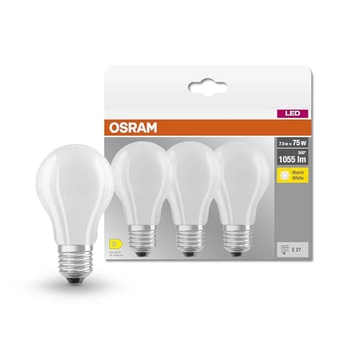 Limited-time offer: OSRAM LED BASE Classic A75, frosted filament LED lamps made of glass for E27 base, bulb shape, warm white (2700K), 1055 lumen, replaces conventional 75W bulbs, box of 3 from 13.98 GBP to 13.98 GBP (save 0%)