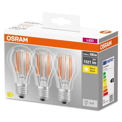 Limitiertes Angebot: Osram LED BASE Classic A100, klare Filament LED-Lampen aus Glas für E27 Sockel, Birnenform, Warmweiß (2700K), 1521 Lumen, Ersatz für herkömmliche 100W-Glühbirnen, 3er-Box von 9.99 EUR auf 9.99 EUR (Spare 0%)