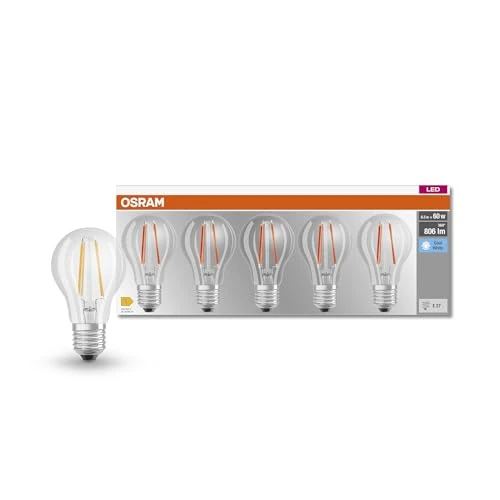 Begrenztes Angebot: Osram LED BASE Classic A60, klare Filament LED-Lampen aus Glas für E27 Sockel, Birnenform, Kaltweiß (4000K), 806 Lumen, Ersatz für herkömmliche 60W-Glühbirnen, 5er-Box von 9.33 EUR auf 9.33 EUR (Rabatt 0%)