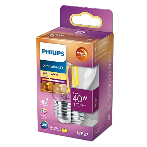 Offerta a tempo: Philips LED Lampadina Candle & Lustre, Sfera, Filamento, WarmGlow, 3.4-40W, Dimmerabile, E27, 1 Pezzo - 0.00% da 14.69 € a 14.69 €