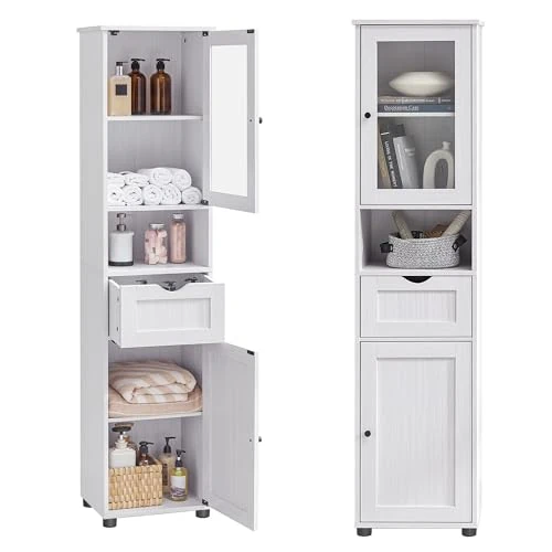 Oferta limitada: VASAGLE Mueble Baño, Armario Baño, Armario Alto, Compartimento Abierto, Puerta de Cristal, Estrecho, con Patas, Estantes Regulables en Altura, Ahorro de Espacio, Blanco Arce BBK163T44 de 89.99 EUR a 76.49 EUR (ahorro 15%)