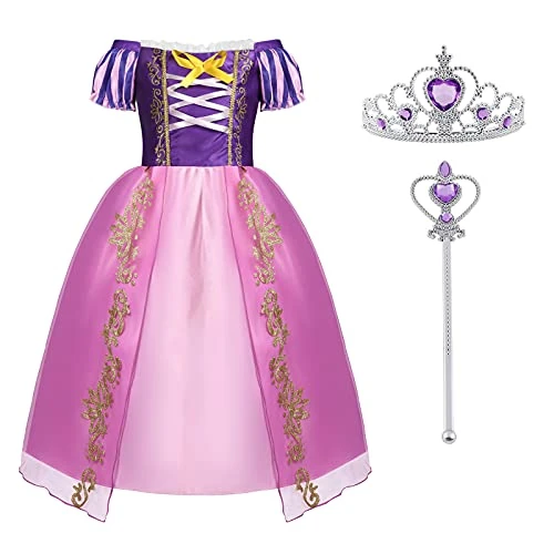 ACWOO Deguisement Robe Costume Princesse Raiponce Enfant Fille avec Couronne et Baguette Magique, Anniversaire Noël Fete Halloween Nouvel An Party Dress Up, Manches Bouffantes