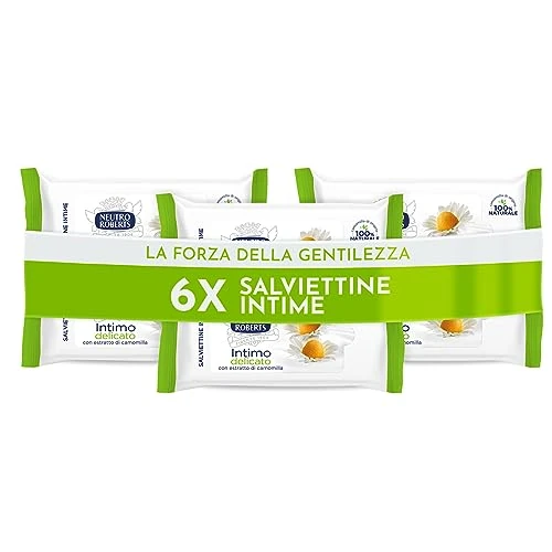 Neutro Roberts, Chusteczki do higieny intymnej z rumiankiem, w 100% naturalne, odpowiednie dla wrażliwej skóry, dla kobiet i dzieci, opakowanie 6 sztuk, 12 chusteczek każdy - ekskluzywne chusteczki