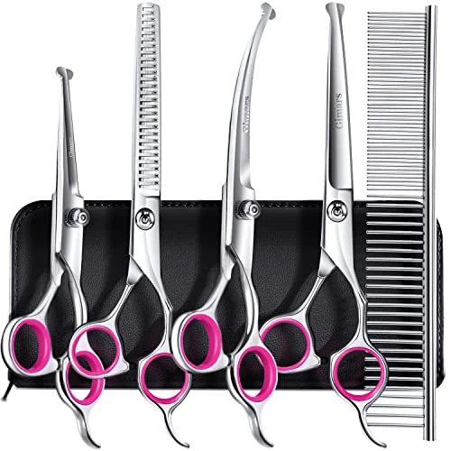 Limited offer: Gimars Professional 4CR Stainless Steel 6 in 1 Grooming Scissors for Dogs with Safety Round Tip, Heavy Duty Titanium Coated Pet Grooming Scissor for Dogs, Cats and Other Animals from 28.79 EUR to 28.79 EUR (save 0%)