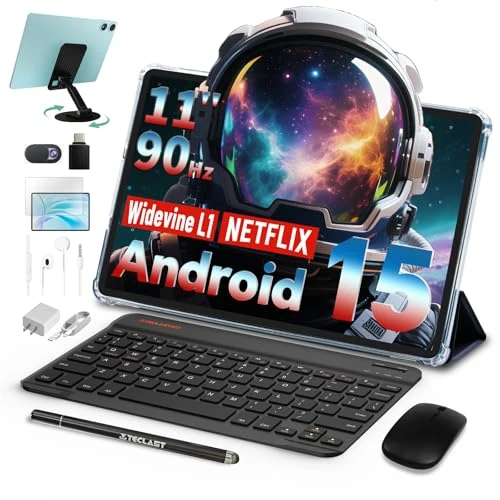 TECLAST P50Case Tablet 11 Inch 90Hz, 2.0GHz Octa-Core, 12GB RAM 128GB ROM/TF 4TB,Android 15 Tablet, 7000mAh/Widevine L1/BT5/GPS/OTG, Tablet with Keyboard+Pencil+Case+Headphones, 10 Accessories-2025