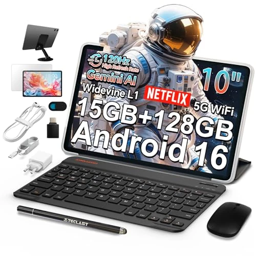 Offerta a tempo: TECLAST P30T Android 16 Tablet 10.1 Pollici 120Hz Tablets Gemini AI, 15GB RAM+128GB ROM(TF 5TB), 2GHz Octa-Core, 5G WiFi/Widevine L1/GPS/6000mAh, Tablet con Tastiera+Custodia+Penna+Mouse, 10 Accessori - 0.00% da 249.99 € a 249.99 €