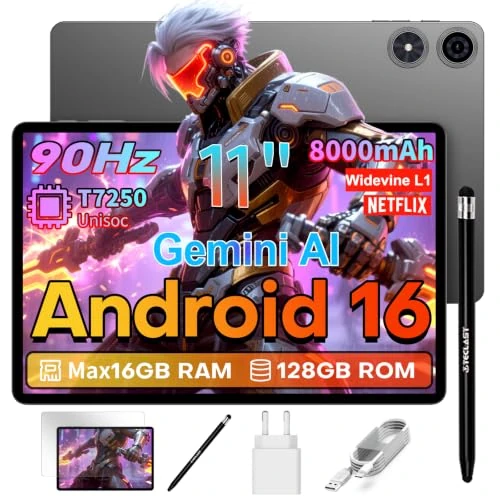 Offerta a tempo: TECLAST P50T Android 16 Tablet 11 Pollici Gemini AI, 90Hz Display, T7250 2GHz Octa Core Gaming Tablets, 16GB RAM+128GB ROM(5TB TF), 8000mAh, Widevine L1, 5G WiFi 6, GPS/13MP/OTG, 2026 Tablet Con Penna - 63% da 299.99 € a 109.97 €