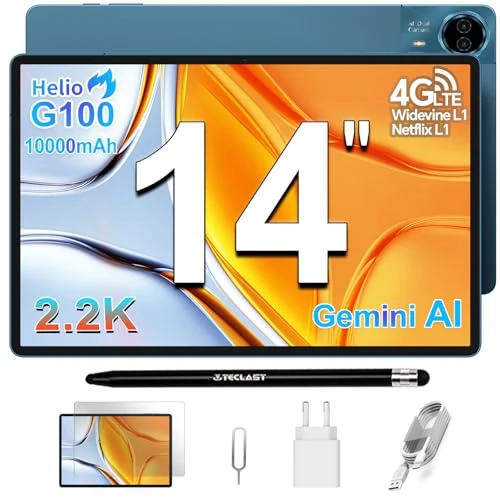 Offerta a tempo: TECLAST T70 Tablet 14 Pollici 2.2K Tablets Gaming, Helio G100 2.2GHz Octa-Core, 10000mAh/18W, Dual SIM 4G LTE, 20GB RAM+128GB(TF 8TB), 2240x1400/Widevine L1/GPS/13MP/Gemini AI Android Tablet con Penna - 0.00% da 499.99 € a 499.99 €