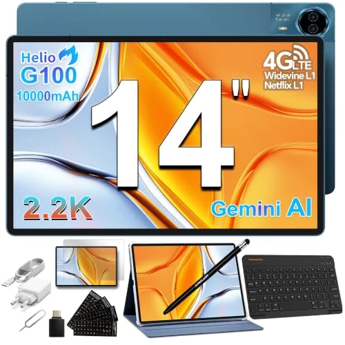 Offerta a tempo: TECLAST T70 Tablet 14 Pollici 2.2K Tablets Gaming, Helio G100 2.2GHz Octa-Core, 10000mAh/18W, Dual SIM 4G LTE, 20GB RAM+128GB(TF 8TB), Widevine L1/GPS/13MP/Gemini AI Tablet con Tastiera+Custodia+Penna - 34% da 499.99 € a 329.99 €