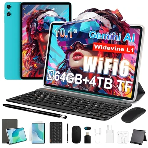 TECLAST P33 Tablet 10.1 Inch Android Tablets with 10 Accessories, Gemini AI, 64GB ROM + 4TB TF, 5G WiFi, Widevine L1, Octa-Core, 6000mAh/OTG, Tablet with Keyboard + Case + Pen + Mouse + 3.5 mm