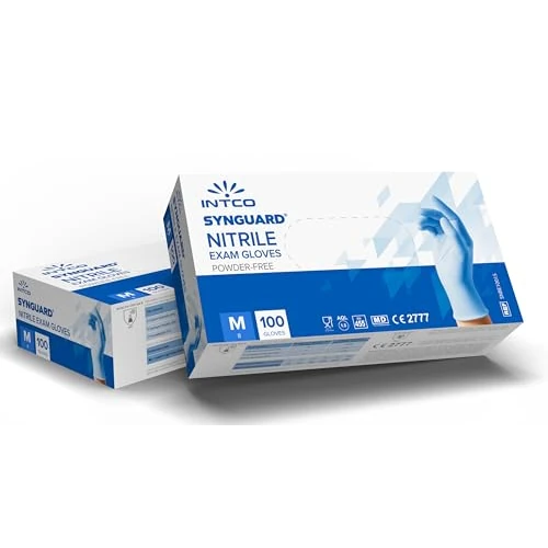 Intco Nitrile Gloves - Medium, 100 Count, Strong & Flexible, Food Safe Blue, Non-Sterile, Powder & Latex Free, Finger Textured 3 Mil Thick Disposable Gloves for Tools & Devices