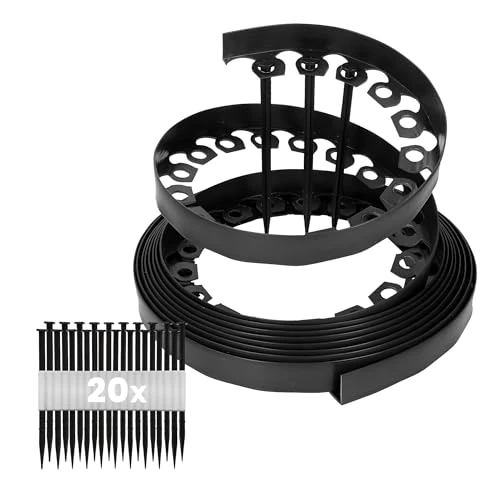 GARDENIX Bordure de pelouse en Plastique LineBORDER Flexible, 20 ancrages au Sol, Longueur 10m, Hauteur 4cm, Noir
