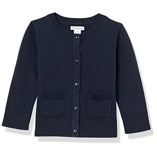 Amazon Essentials Girls' Uniform Slim Fit Crewneck Cardigan Jumper, Navy, 11-12 Years