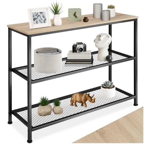tectake 800914 Console en bois et métal Design industriel Table de couloir vintage étroite avec 2 étagères en treillis Cadre en métal noir (marron clair | n° 404201)