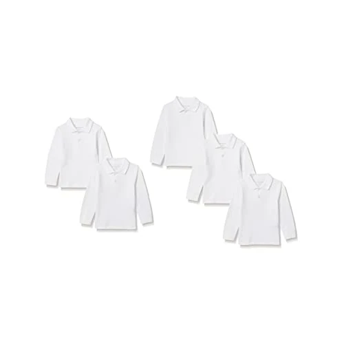 Amazon Essentials Polo in Filato piqué a Maniche Lunghe Bambini e Ragazzi, Pacco da 5, Bianco, 6-7 Anni