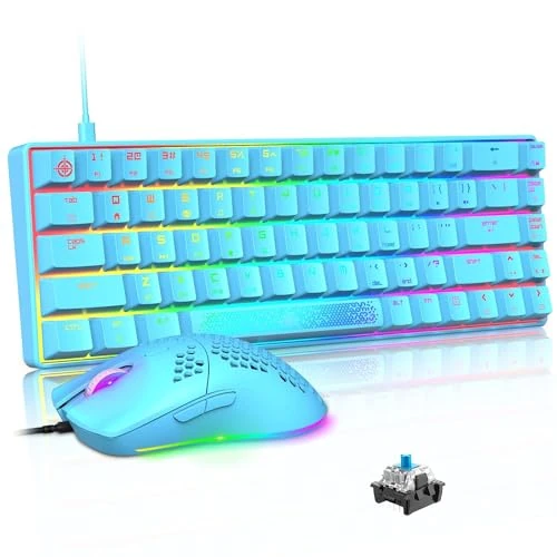 LexonElec KM614 65% Mechanical Gaming Keyboard and Mouse Combo,LED RGB Backlit,Compact Wired Type C Keyboard,12000 DPI Honeycomb Light up Mice for PC Mac Office Gamers-Blue with Blue Switch