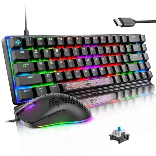 LexonElec KM614 65% Mechanical Gaming Keyboard and Mouse Combo,LED RGB Backlit,Compact Wired Type C Keyboard,12000 DPI Honeycomb Light up Mice for PC Mac Office Gamers-Black with Blue Switch