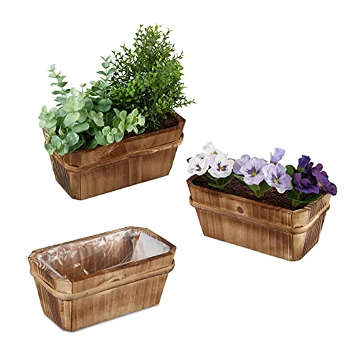 Relaxdays plantenbak hout, set van 3, voor vensterbank & balkon, klein, met folie, HBD: 8,5 x 19,5 x 11 cm, natuur