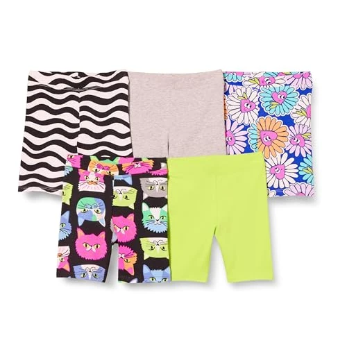 Offre limitée : Amazon Essentials Shorts Cycliste Mi-Long Fille, Lot de 5, Blanc Imprimé Vagues/Bleu Fleurs/Gris/Noir Chat/Vert Citron, 3 ans de 17.40 € à 17.40 € (0.00% de remise)