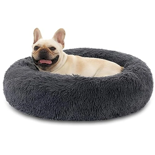 Calming Dog Bed & Cat Bed, Ø50cm Puppy Bed Round Warm Cuddler Kennel Anti-Anxiety Donut Dog Cuddler Bed Fluffy Plush Faux Fur Puppy Sofa Anti-Slip Bottom Machine Washable Donut Cuddler Pet Nest