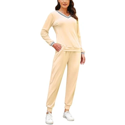 Totatuit Pijama Terciopelo Mujer Dos Piezas Cálido Cómodo Cuello V Mujer Casual Traje de Pijama para Primavera Otoño Invierno Ropa de Dormir Albaricoque L