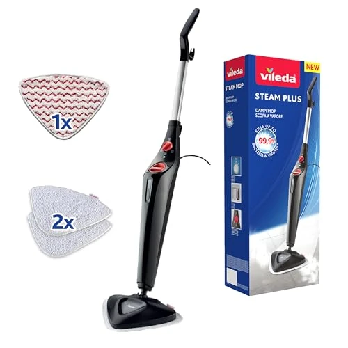 Vileda Steam PLUS + Recambio Power Pad, Mopa a vapor para una limpieza más higiénica, elimina el 99,9% de bacterias, óptima para alfombras y moquetas, apto par todo tipo de suelos