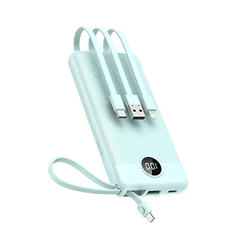 VEEKTOMX Power Bank with Built-in Cables, USB C Portable Charger with 5 Outputs and LED Display, External Battery Bank for iPhone, iPad, Samsung Galaxy and Other Smart Devices(10000mAh-Blue)