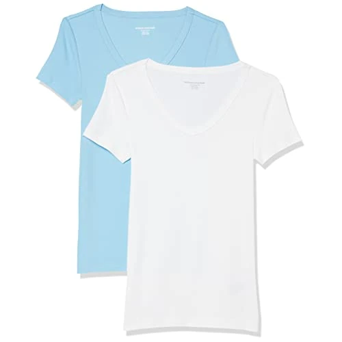 Amazon Essentials Damen Basic V-Ausschnitt T-Shirt mit Kurzen Ärmeln, Schmale Passform, 2er-Pack, Weiß/Hellblau, XXL