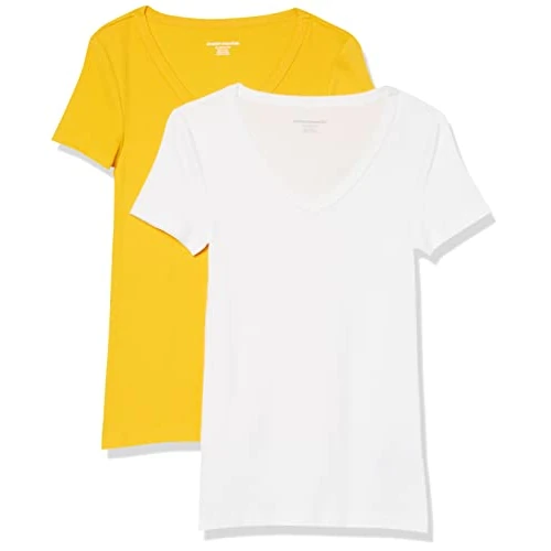 Limited-time offer: Amazon Essentials Women's Slim-Fit Short-Sleeve V-Neck T-Shirt, Pack of 2, White/Golden Yellow, XXL from 10.69 GBP to 10.69 GBP (save 0%)