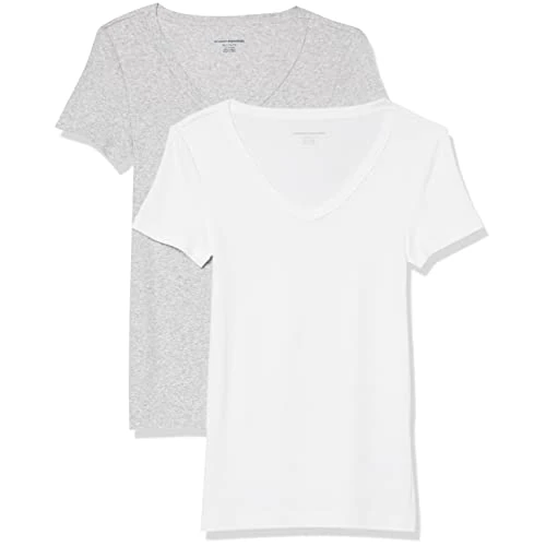 Zeitlich begrenztes Angebot: Amazon Essentials Damen Basic V-Ausschnitt T-Shirt mit Kurzen Ärmeln, Schmale Passform, 2er-Pack, Weiß/Hellgrau Meliert, XXL von 19.80 € auf 11.70 € (40.91% Rabatt)