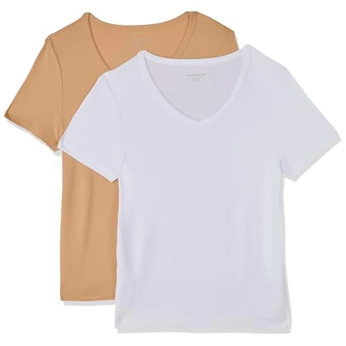 Amazon Essentials Camiseta de Cuello en Pico de Manga Corta y Ajuste Entallado Mujer, Pack de 2, Blanco/Camel Claro, XXL