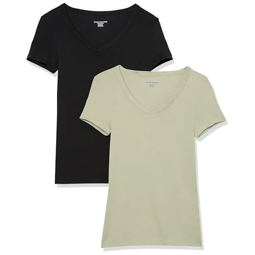 Amazon Essentials T-Shirt Col en v à Manches Courtes Coupe Ajustée Femme, Lot de 2, Noir/Vert Sauge, XS