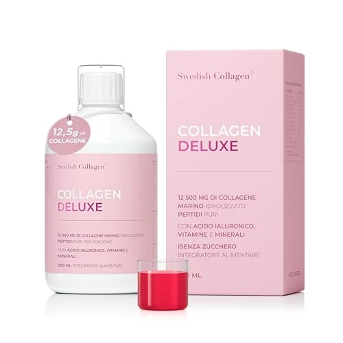 Swedish Collagen Deluxe | Suplemento líquido de colágeno marino hidrolizado de 12 500 mg - 500 ml, suministro para 20 días | Ácido hialurónico, biotina y vitamina C para un cabello, piel, uñas y