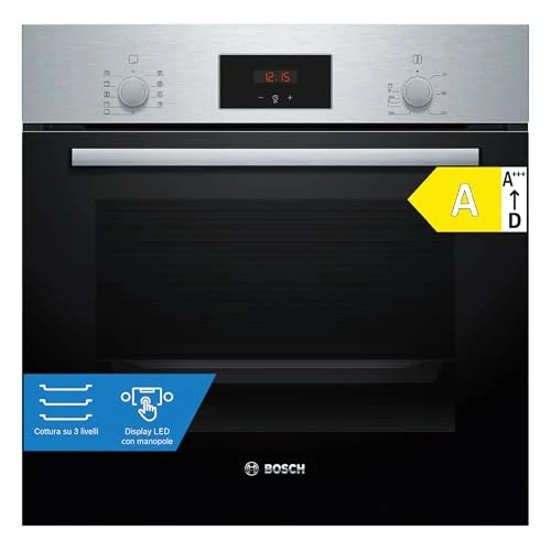 Offerta a tempo: Bosch HBF114BS1 Serie 2, Forno da incasso, Cottura uniforme fino a 3 livelli, Manopole a scomparsa, Display digitale LED rosso, Idrolisi, Acciaio, 60 x 60 cm, Versione Esclusiva Amazon - 19% da 289.00 € a 235.00 €