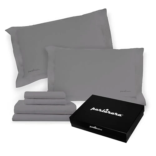 PERLARARA - Parure de Lit 180x200 Complet Coton Percale - Draps de Lit 2 Personnes - Ensemble de Draps 4 Pièces - 1 Drap Housse 180x200, 1 Drap Plat 260x290 et 2 Taies d'oreillers 50x80 - Slate