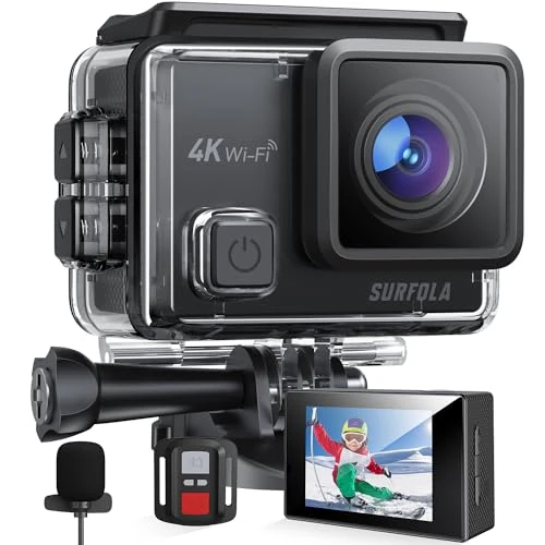 Tijdelijke aanbieding: Surfola Action Camera 4K WiFi 30FPS 20MP Waterdichte Onderwater met Afstandsbediening Externe Microfoon en 2 Batterijen Motorhelm voor Snorkelen Fietsen en Vlog van 54.99 € naar 44.99 € (18% korting)
