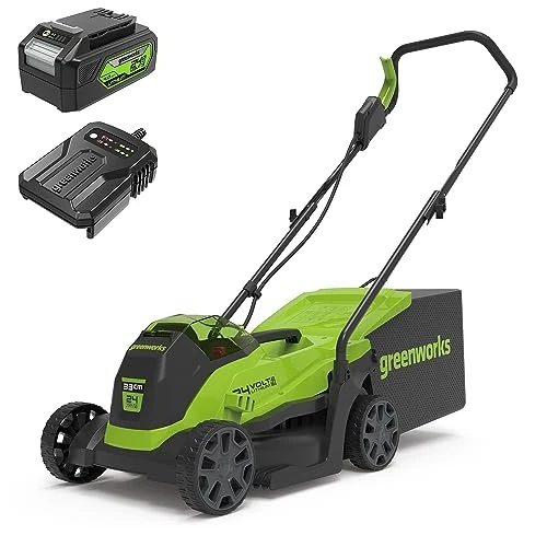 Greenworks Kosiarka akumulatorowa 24 V, 33 cm, bezszczotkowa, wysokość cięcia 25-70 mm, 2 funkcje, z torbą 30 l (z akumulatorem 4 Ah i ładowarką)