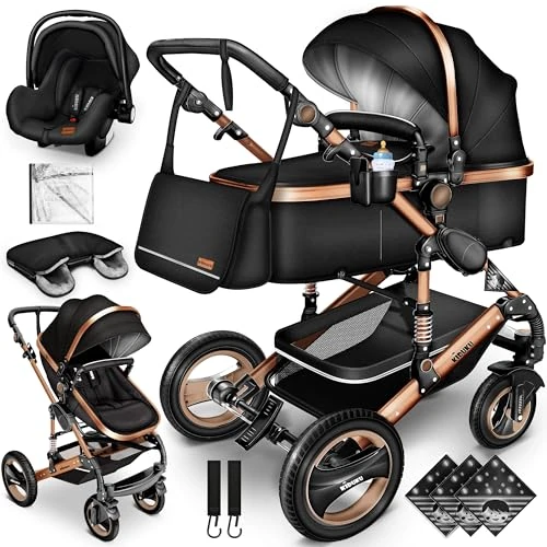 KIDUKU® Poussette Combinée 3 en 1 | Trio pour Enfants | Siége Auto Légère, Piable | Nacelle Souple Convertible | Set de Voyage (Noir/Champagne)