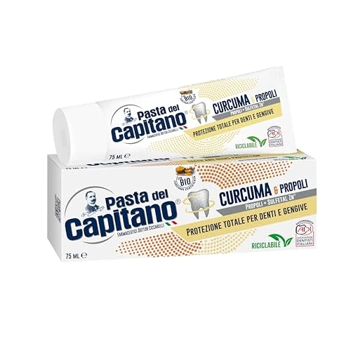 Offerta a tempo: Pasta del Capitano, Dentifricio Curcuma e Propoli Bio, Garantisce una Completa Igiene del Cavo Orale, Protezione Totale per Denti e Gengive, 100% Made in Italy, Tubetto da 75 ml - 9% da 1.85 € a 1.69 €