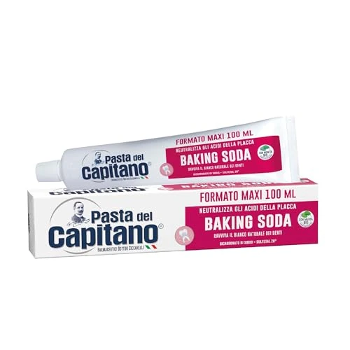 Pasta del Capitano, Dentifricio Baking Soda Bio, Ravviva il Bianco Naturale dei Denti e Neutralizza gli Acidi della Placca Batterica, 100% Made in Italy, Tubetto da 100 ml