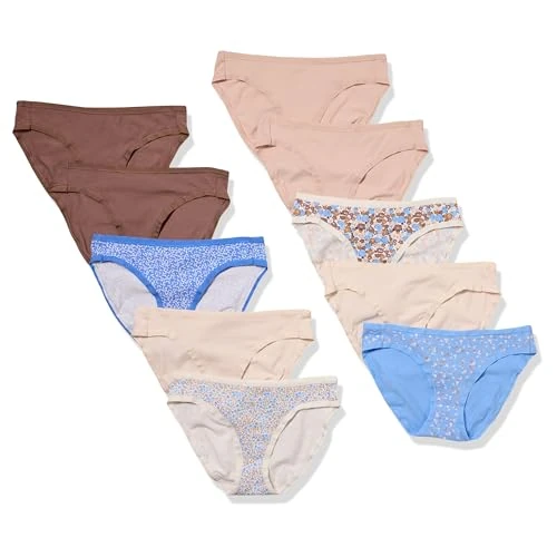 Amazon Essentials Women's Katoenen onderbroek in bikinimodel (verkrijgbaar in grote maten), Pack of 10, Bloemig/Deftig bloemenpatroon/Stippen/Veelkleurig, 44